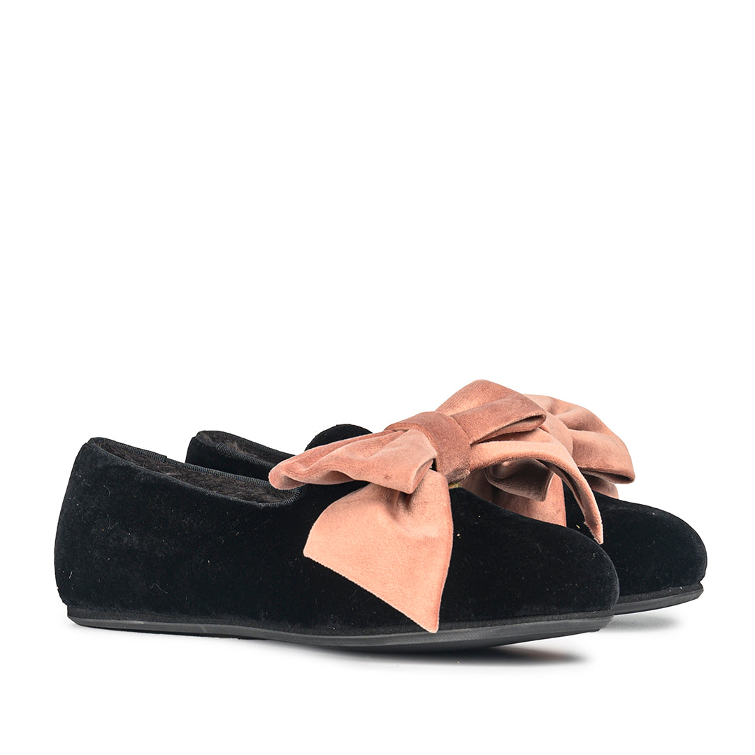 Pink Bowtie Black Velvet Loafers